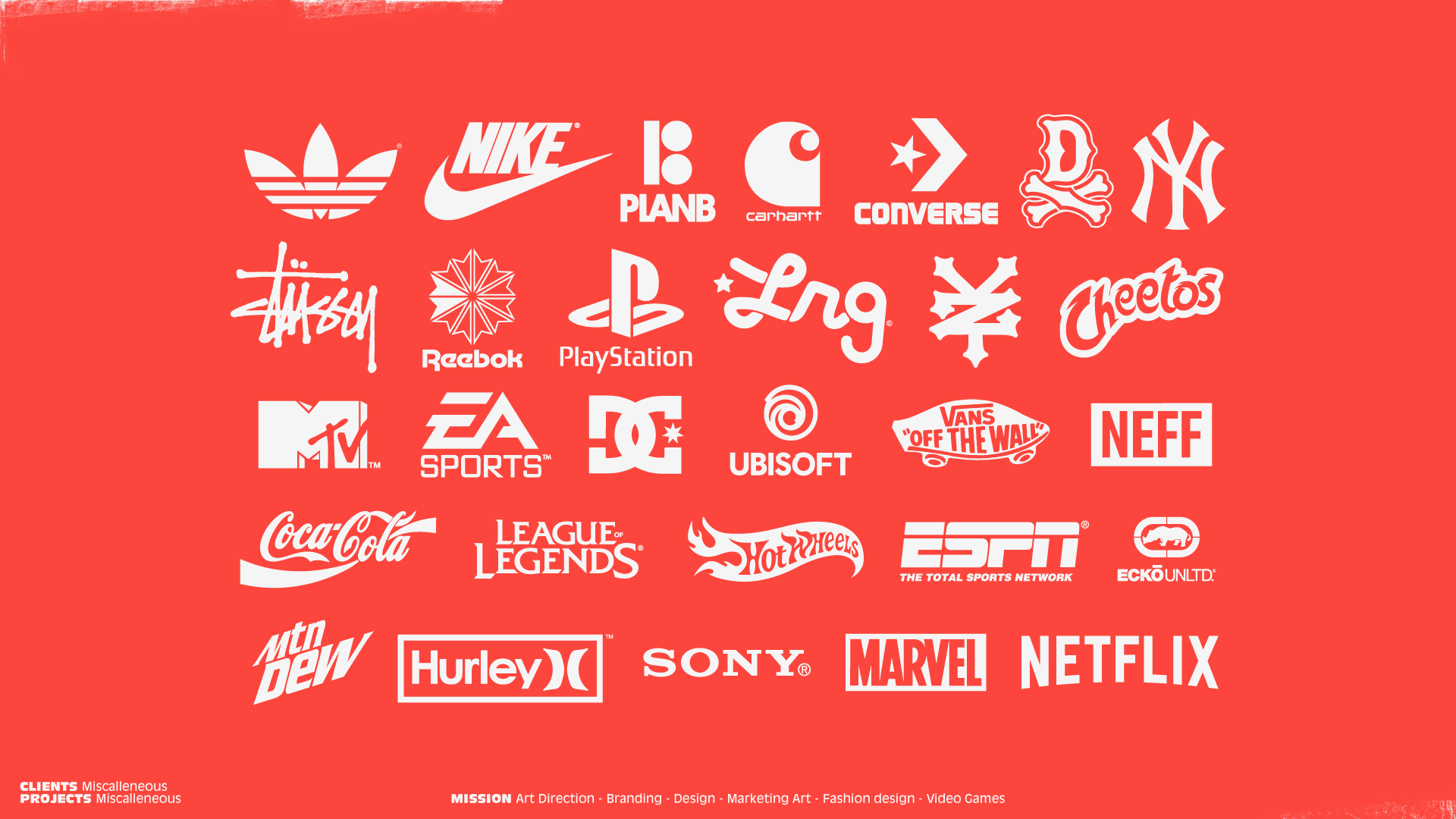 Clients — Adidas, Nike, Ubisoft, Riot Games, Sony, Netflix, Marvel, MTV, Carhartt, Stussy, Converse, Vans, Reebok, EA Sports, Coca-Cola, Hasbro and more