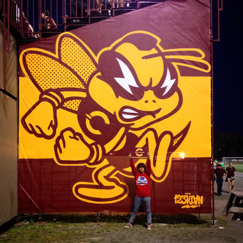 Fresque Concordia Stingers sur le stade, vue nocturne