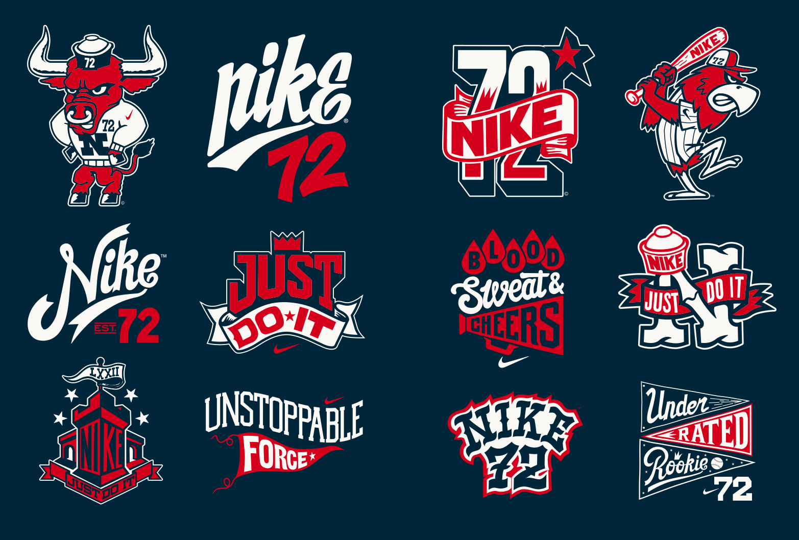 Nike 72 logos red navy on dark, full grid