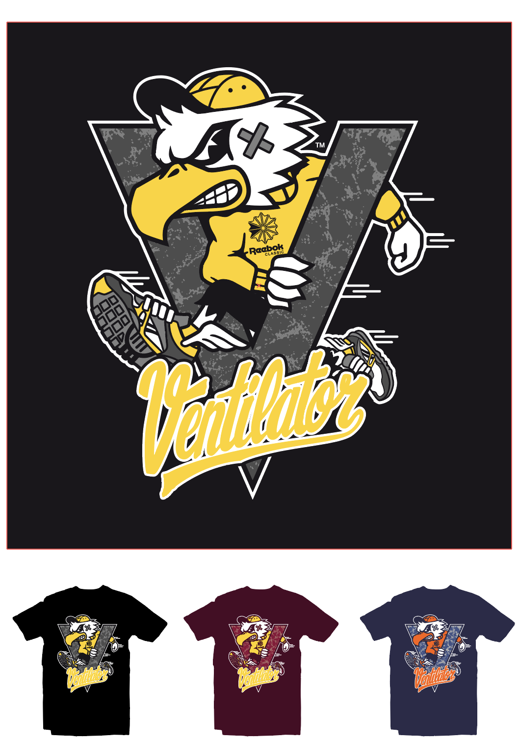 Reebok Ventilator, eagle mascot, V triangle, yellow black