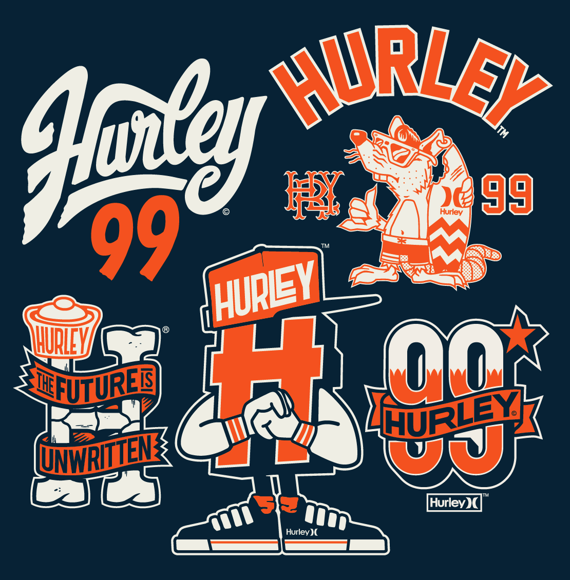 Hurley 99 overview, logos and mascots on dark navy