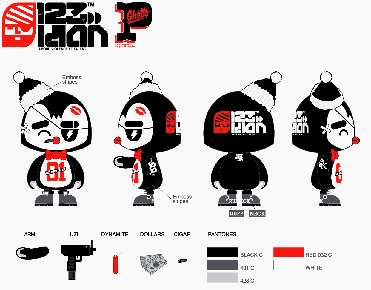Ghetto P x 123KLAN Artoyz design sheet 4 vues Pantones